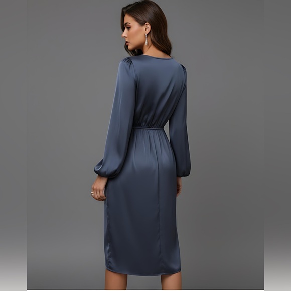 Navy Blue Satin Lantern Sleeve Wrap Hem Dress - Picture 4 of 5